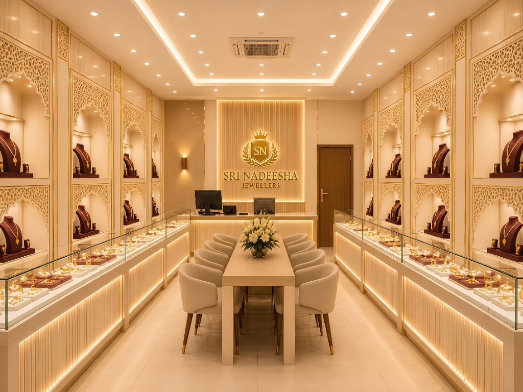 Sri Nadeesha Jewellers showroom interior with handcrafted gold jewellery displays